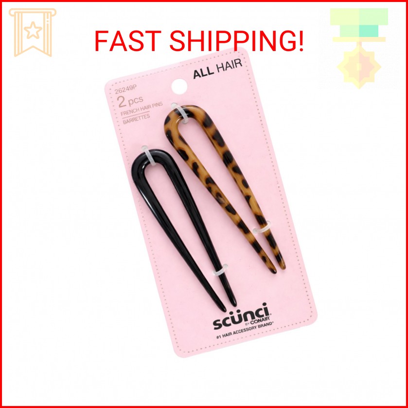 Scunci All Hair French Hair Pins 2-Pack – Tortoise & Black U-Shaped Hair Sticks