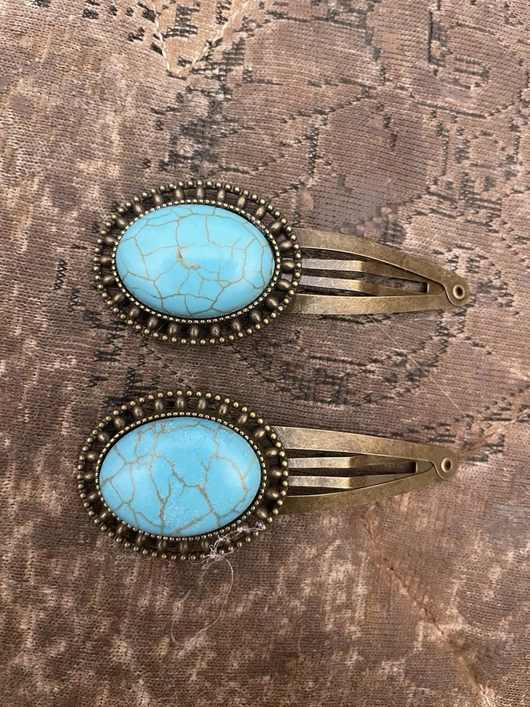 (2) Retro Turquoise Blue Oval Cabochon Gothic Bronze Filigree Snap-in Hair Clips