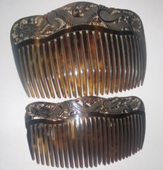 2pc Women’s Decorative Tortoise Hair Comb Set Brown Black Floral Gold Tone