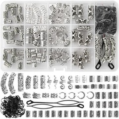152PCS Vikings Hair Jewelry Norse Runes Tube Beads, Metal Clips Cuffs Rings, Acc