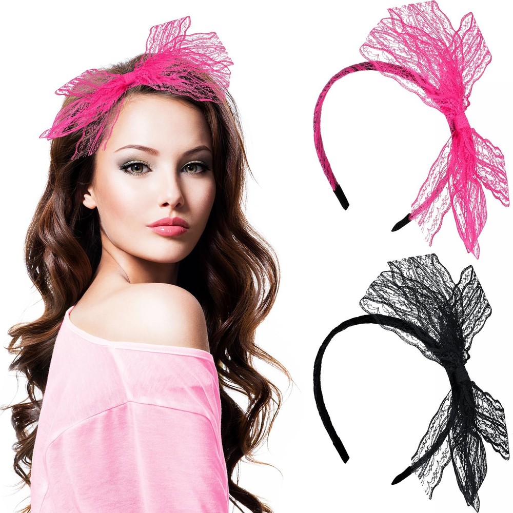 2 Pieces Neon Lace Bow Headband,Elastic Women’s 1980s Neon Lace Headband, 198…