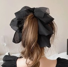 Black Double Layer Chiffon Stylish Bow Hair Claw Ponytail Tie All Hair Types