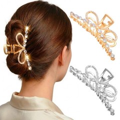 Pecieco Gold Bow Rhinestone Hair Claw 1 Count (Pack of 1), & Silver