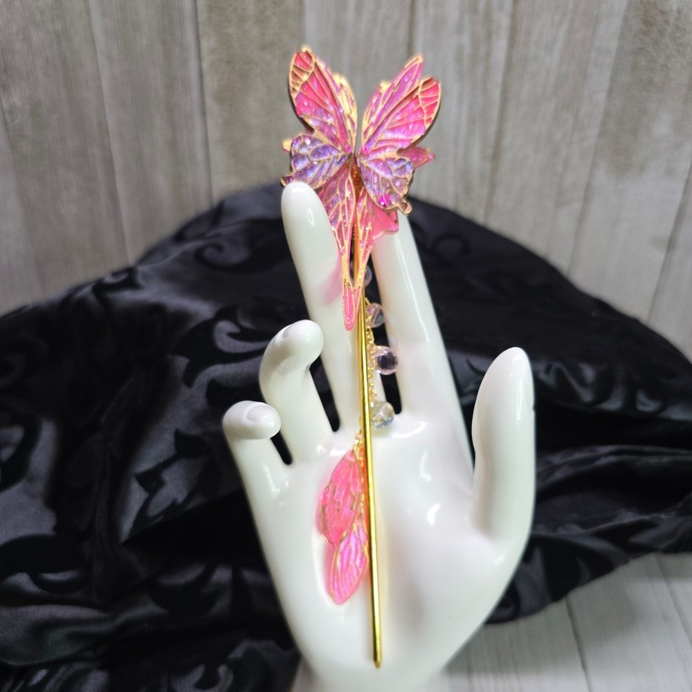 Handmade Delicate Gold and Pink Butterfly Hair Stick w/ Wings and Crystal 7″ L