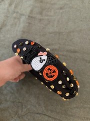 Halloween Embellished Rhinestone Beaded Headband Black Fabric Ghost Pumpkin