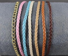 Gold chain link headband Lt Brown faux leather braid thin skinny narrow 2 pack