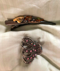2 Vintage Rhinestone Studded Hair Clips: Pink Stone Claw & Flower Alligator Clip