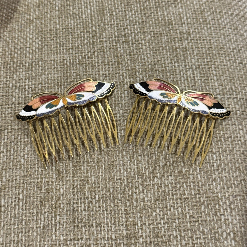 Butterfly Enamel Hair Comb Set Pair Gold Tone Metal Multicolor Decorative