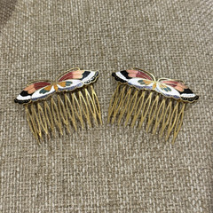 Butterfly Enamel Hair Comb Set Pair Gold Tone Metal Multicolor Decorative