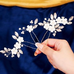 Flower Bride Wedding Hair Pins Silver Crystal Bridal Pearl Pieces 3 PCS Set