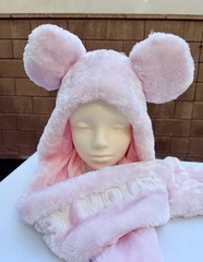 Japan Tokyo Disney Mickey Mouse Ears Headband pink hat fluffy hooded scarf new