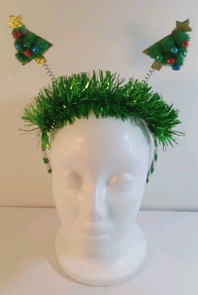 Festive Scrunci Tree Headband Green Tinsel Bouncy Springs Metal Bell Balls
