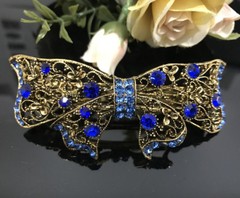 USA seller Antique Gold Tone Flower Rhinestone Blue Color Hair Clip Barrette ha2