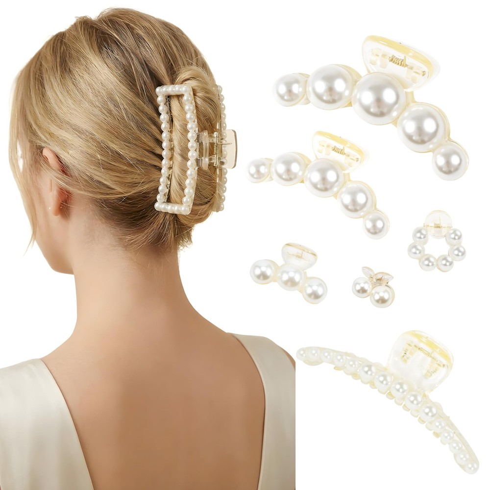 Pearl Hair Accessories for Women – 6PCS Claw Clips 1 Count (Pack of 6), Beige