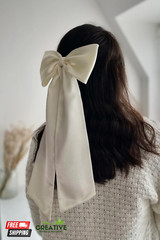 Satin with Long Tail Big Ivory Single Bow with Barrette Bridal Ivory Satin Hair