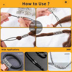 152PCS Vikings Hair Jewelry Norse Runes Tube Beads, Metal Clips Cuffs Rings, Acc