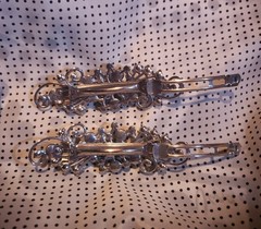 Two (2) Vintage Hair Barrettes with Gray Faux Pearls and Rhinestones