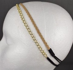 Gold chain link headband Lt Brown faux leather braid thin skinny narrow 2 pack