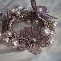 Floral Pearl Beaded Fabric Elastic Scrunchie Hair Tie Set 2 Beige Mauve