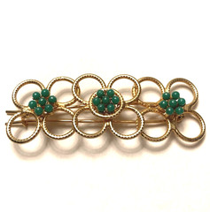 Vintage Pinch Bar Slip on Hair Barrette Clip Gold Green Irish Clover Hoop Ring