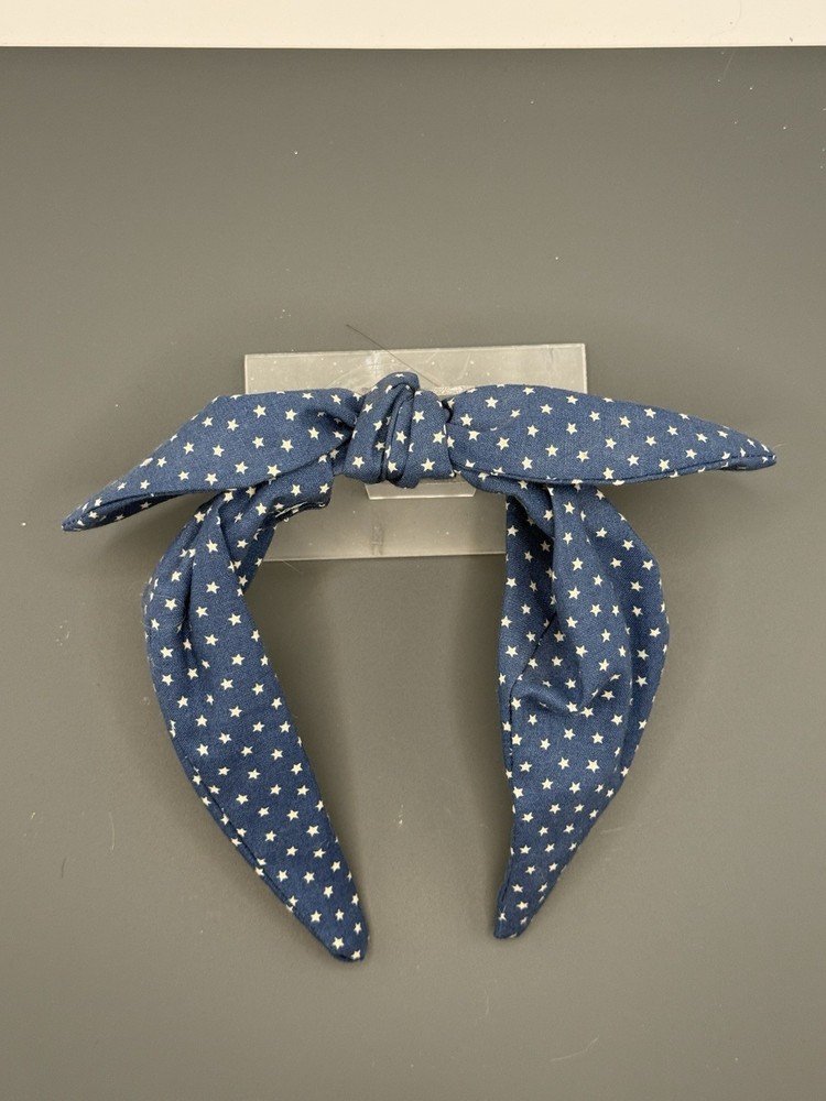 USA Blue With Gold Stars Homemade Tie Knot Headband Hair Accessory Girls Women