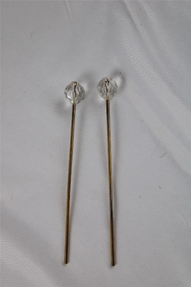 2 VINTAGE CLEAR CRYSTAL STRAIGHT HAIR PINS~OXIDIZED,4.5″,GOLDTONE,FACETED,BLING