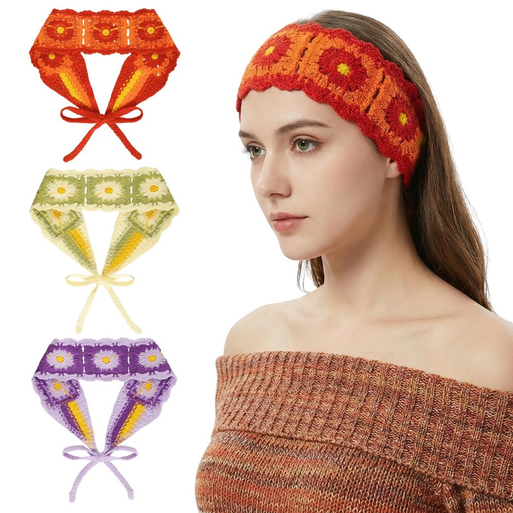 3Pcs Boho Crochet Headband Hippie Hair Bandanas Knitted Headwear Soft Stretch…