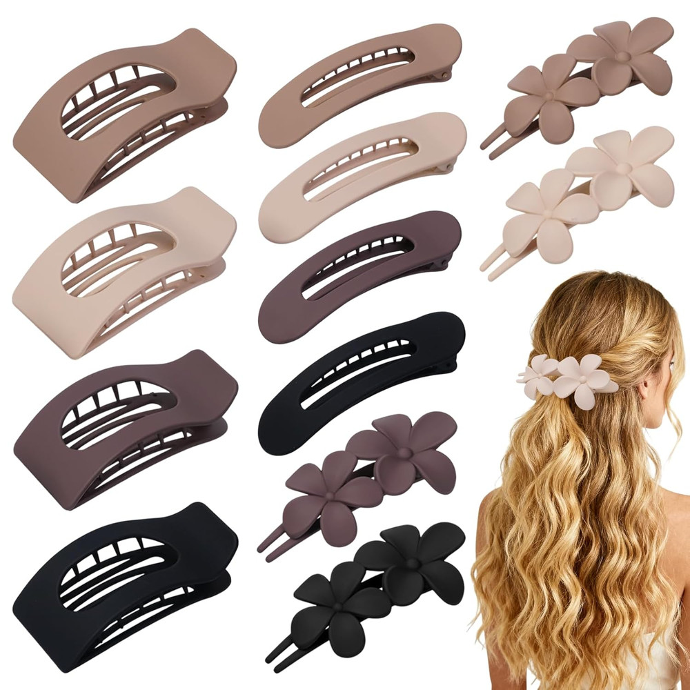 12 Pack Flat Hair Clips for Women – Matte Neutral Square Claw Clips, Flat Barret