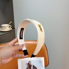 Saint Laurent YSL White Pleated Gold Logo Headband New with Box