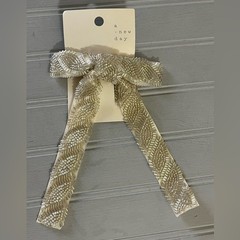 a new day Silver Beaded Ivory Ribbon Hair Clip And Twister Scarf Set NWT