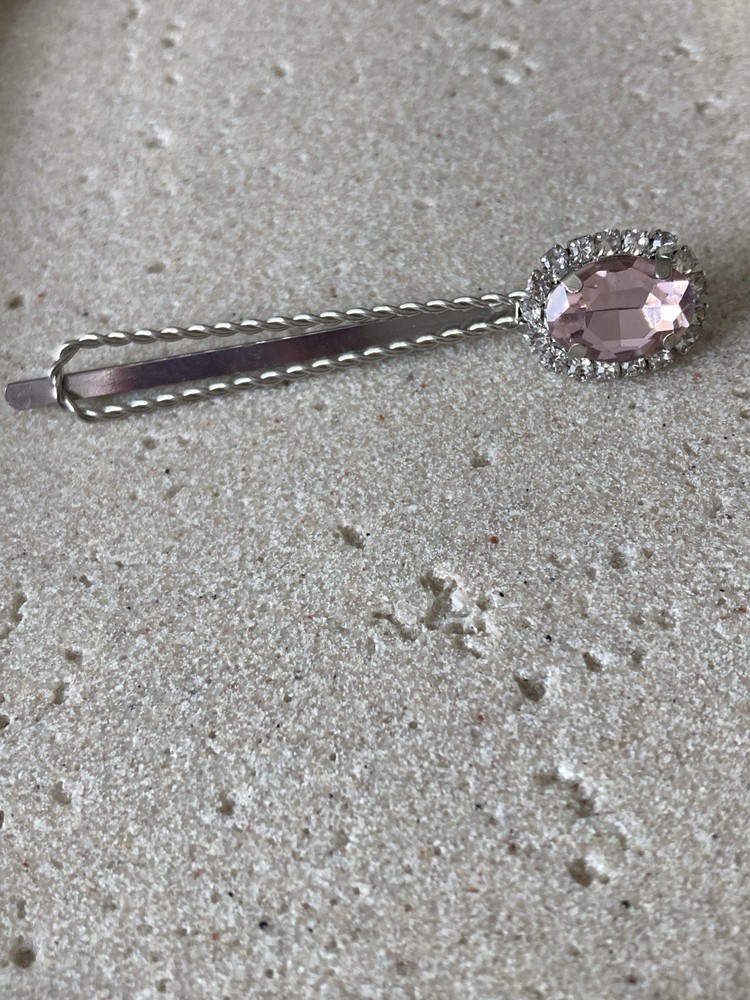 Silver Tone Pink Rhinestone Bobby Pin Hair Clip Oval Gem Bridal Prom Barrette
