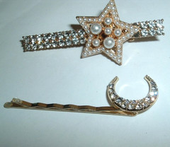 MOON AND STARS WHITE PEARL WHITE RHINESTONE BOBBY PIN AND HAIR CLIP NWT