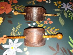 Lot of 2 Boho Western Hand Made Leather Barrette with Wooden Stick for Hair