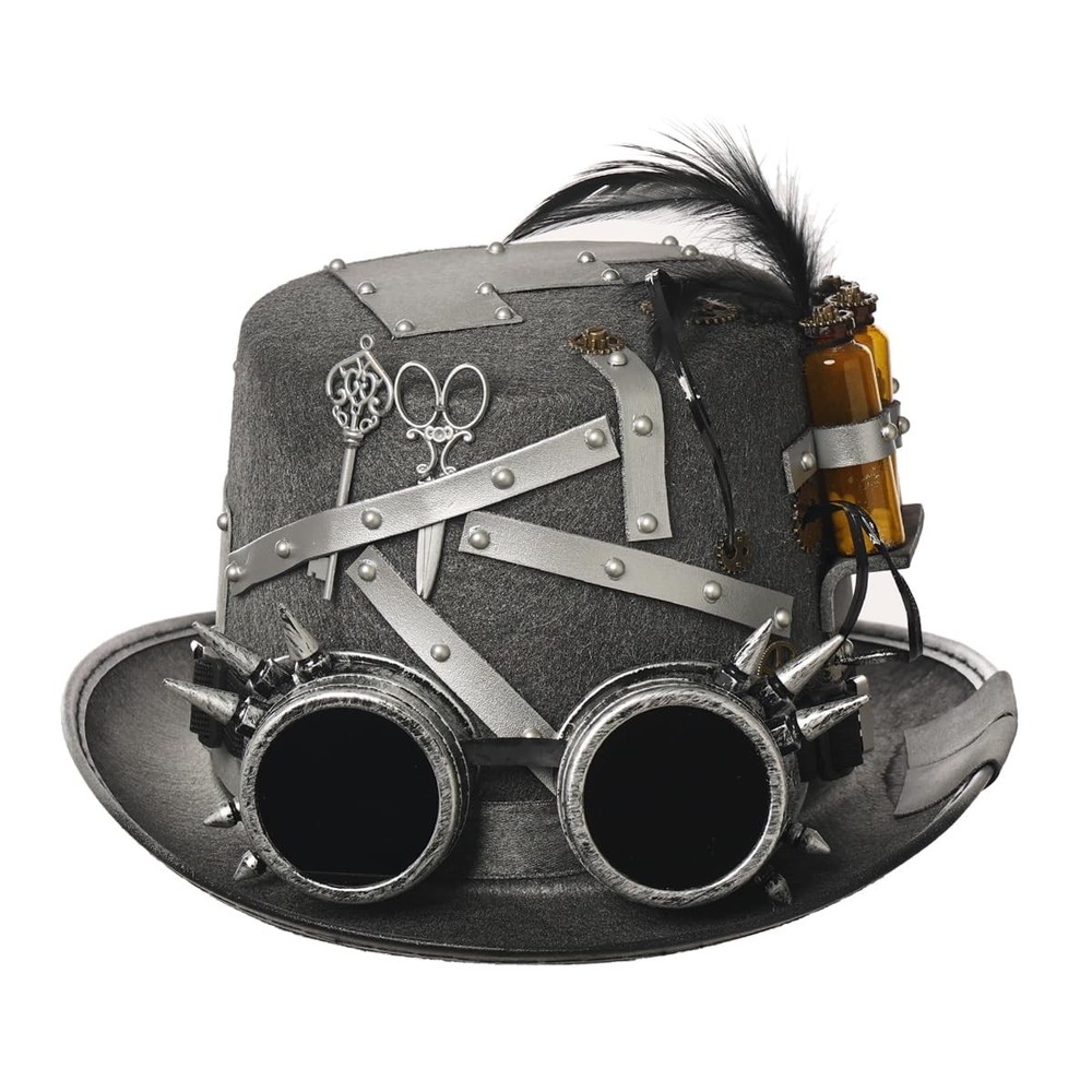 Steampunk Top Hat for Men Women with Removable Goggle Antique Silver Head cir…