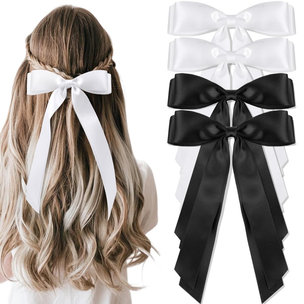 4pcs Solid Silky Satin Hair Accessories: Bows with Long Tails, Daily Wear Cli…