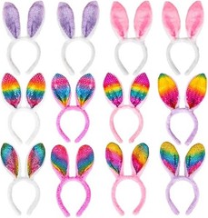 12 PCS Easter Bunny Ears Headbands Colorful Rabbit Ear Hairband for Easter Party