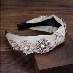 LUXURY HANDMADE FAWN SATIN RHINESTONE AND PEARL HEADBAND HAIR ACCESSORY,