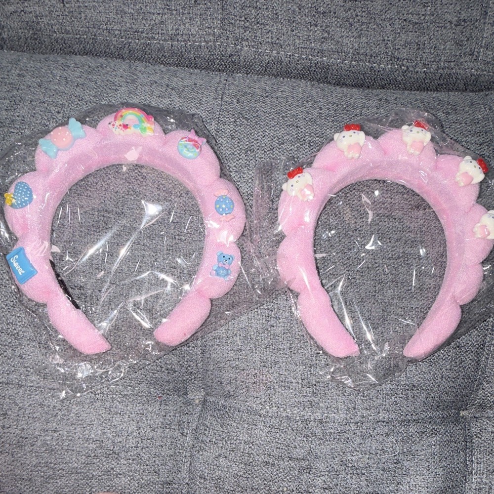 2 Pack Pink Padded Fabric Scallop Headbands w/ 3D Hello Kitty Accents