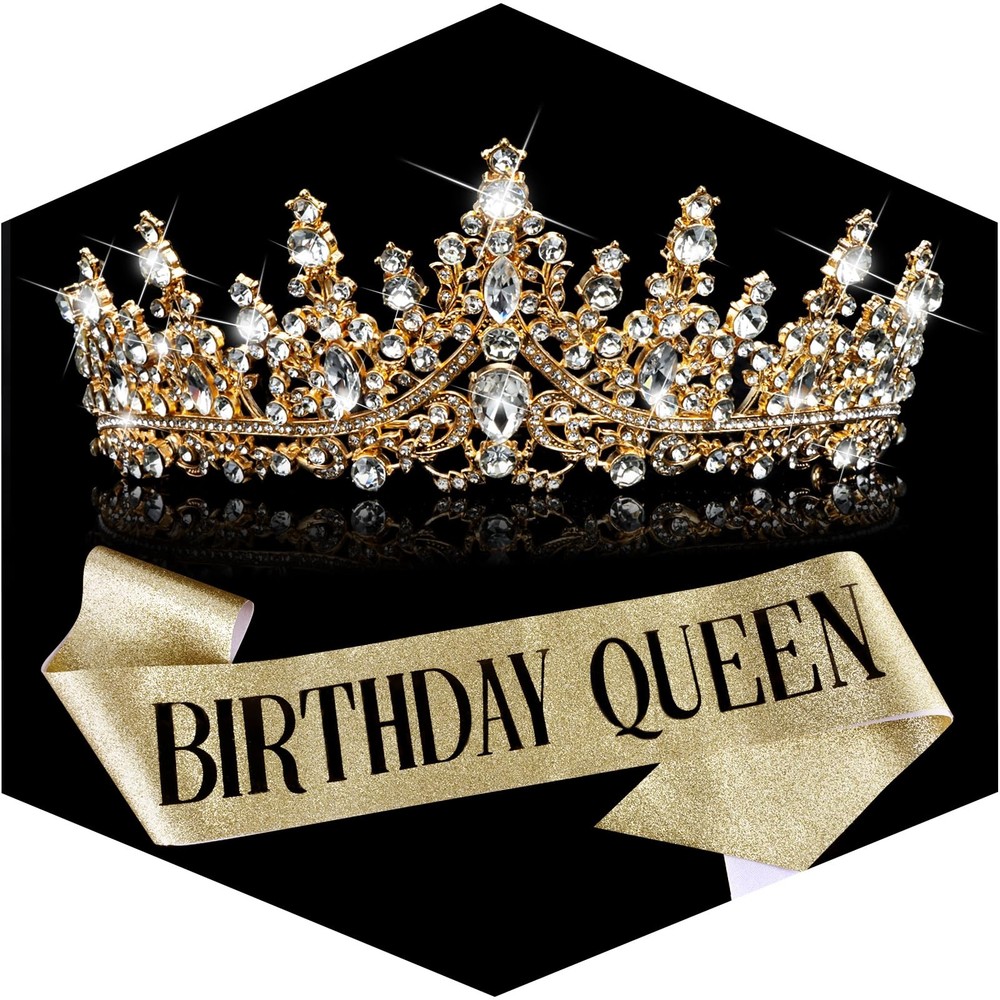 TOBATOBA Birthday Queen Sash and Crown for Women – Gold Rhinestone Tiara