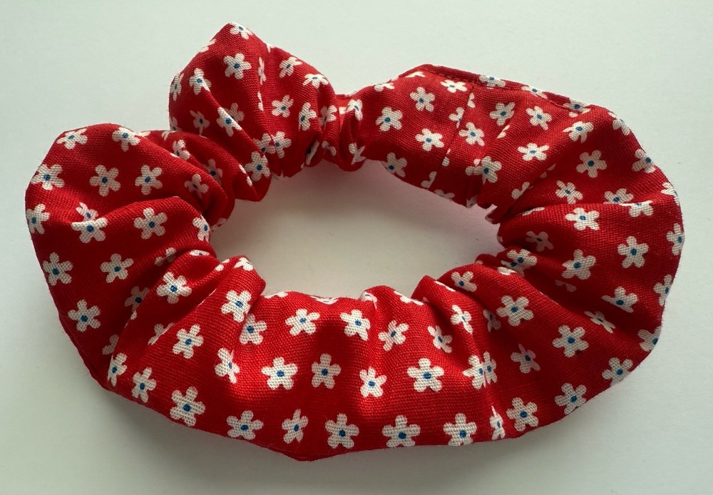 Red White Blue Ditsy Daisy Hair Scrunchie Ponytail Holder Handmade Flower Floral