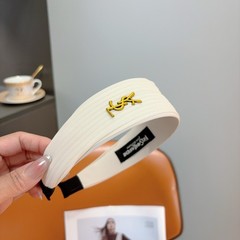 Saint Laurent YSL White Pleated Gold Logo Headband New with Box