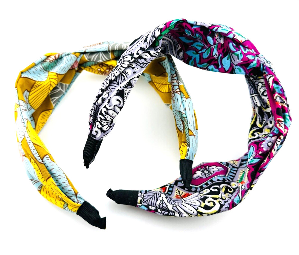 Pair of 2 Colorful Bohemian Top Knot Headbands Cotton Blend 2.25″ Wide
