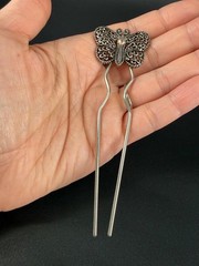 Vintage Butterfly Hairpin Silver Tone Metal AB Rhinestone Art Deco Revival