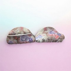 Women’s Gray Pink Blue Floral Flower Hair Claw Clips Pair Plastic, Pack of 2