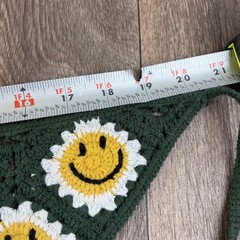 Green Yellow & White Crochet Smiley Face Granny Square Handkerchief Head Scarf