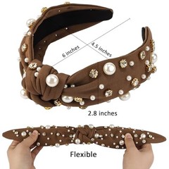 Atoden Pearl Headband Knotted Rhinestone Headbands Wide Top Knot Brown