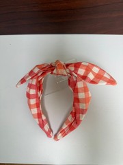 Coral and White Gingham Plaid Homemade Tie Knot Headband- Girls, Teens, Women