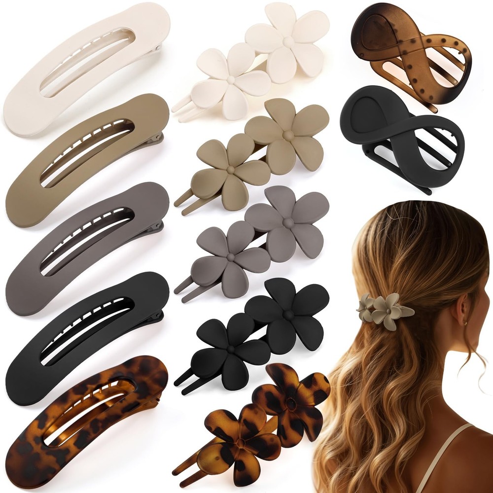 12 Pcs Flat Hair Clips for Women, Lay Claw French Tortoiseshell