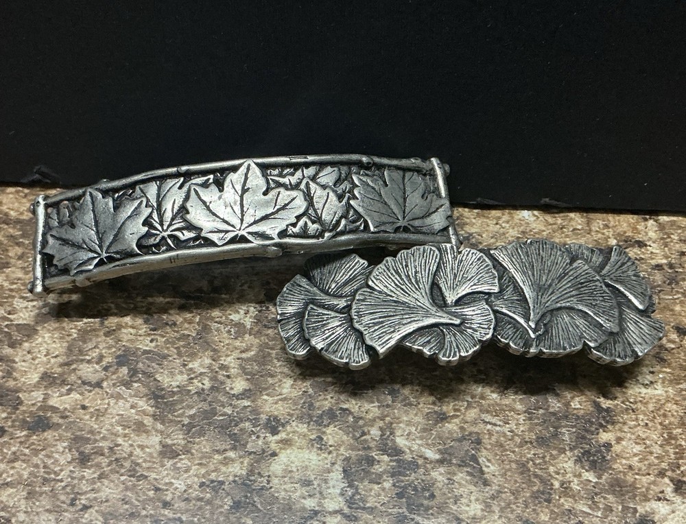 Oberon Design Metal Hair Clip Barrette Set Of 2 France Leaf Art Pewter Gray