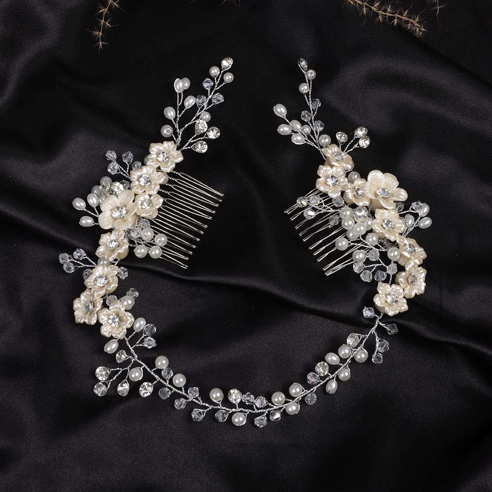 Bridal White Flowers Crystal Pearl Hair Comb Silver Accessories Wedding Women